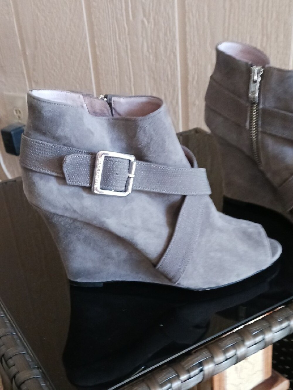Vince Camuto Gray Suede Crisscross Wedge Booties - Picture 8 of 11